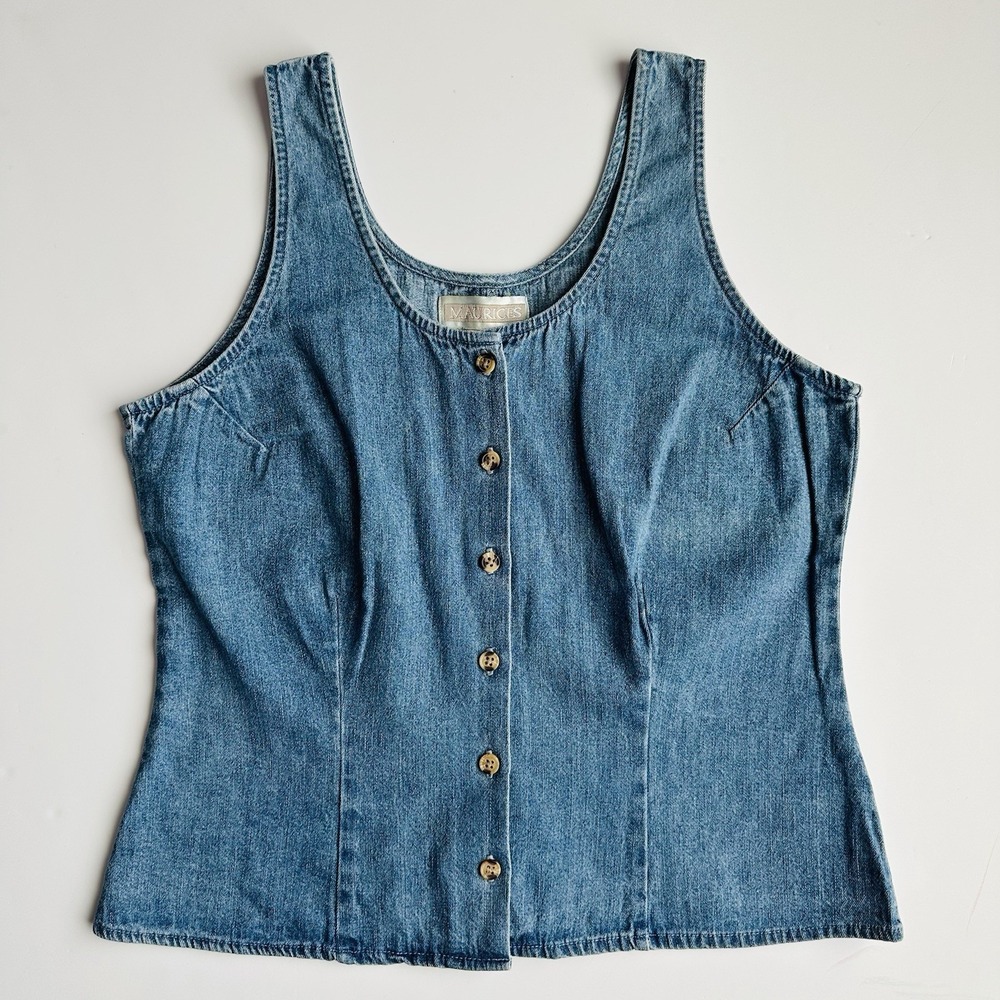 Vintage Maurices Denim Button Up Tank Top Womens L Medium Wash Blue Cotton